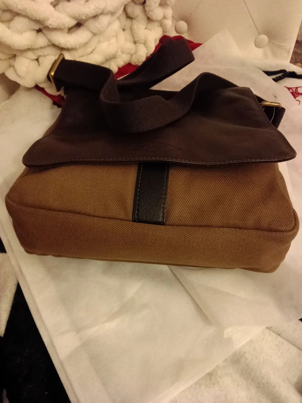 #F11 Fossil Men's Two-Tone Brown Leather Canvas Messenger Bag - Unisex